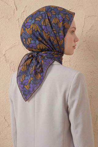 Soft Eşarp Floral Line Koyu Lacivert 90x90 - Soft Eşarp - | Silk Home