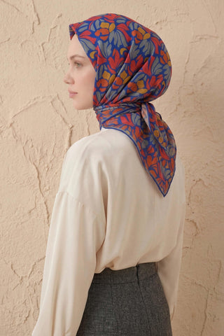 Soft Eşarp Floral Line Mavi 90x90 - Soft Eşarp - | Silk Home