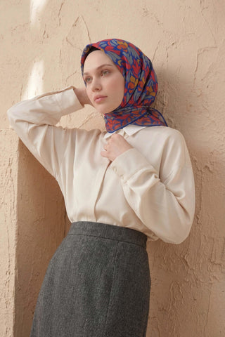 Soft Eşarp Floral Line Mavi 90x90 - Soft Eşarp - | Silk Home