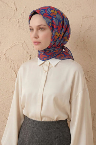 Soft Eşarp Floral Line Mavi 90x90 - Soft Eşarp - | Silk Home