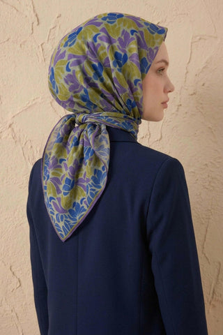 Soft Eşarp Floral Line Mavi Mor 90x90 - Soft Eşarp - | Silk Home