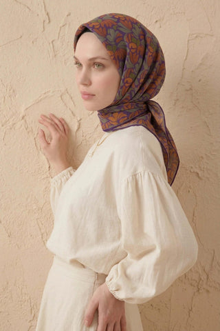 Soft Eşarp Floral Line Mor 90x90 - Soft Eşarp - | Silk Home
