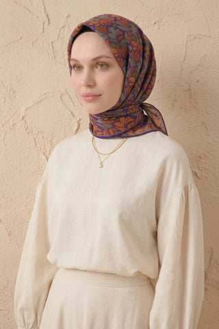 Soft Eşarp Floral Line Mor 90x90 - Soft Eşarp - | Silk Home