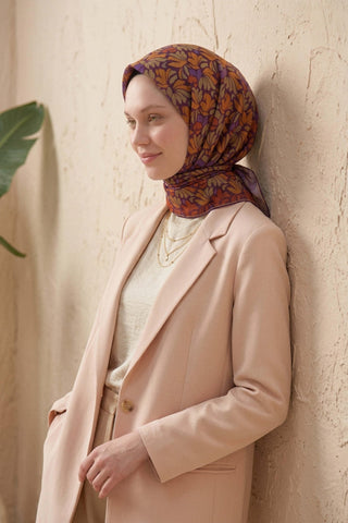 Soft Eşarp Floral Line Patlıcan Moru 90x90 - Soft Eşarp - | Silk Home