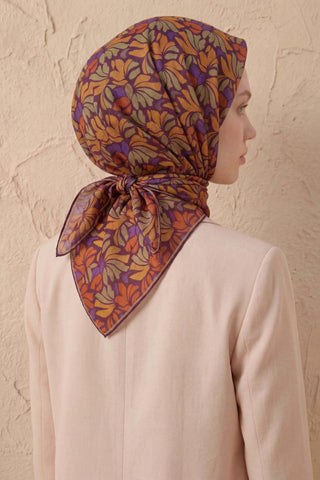 Soft Eşarp Floral Line Patlıcan Moru 90x90 - Soft Eşarp - | Silk Home