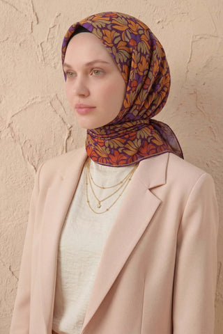 Soft Eşarp Floral Line Patlıcan Moru 90x90 - Soft Eşarp - | Silk Home
