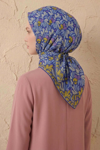Soft Eşarp Floral Line Saks Mavi 90x90 - Soft Eşarp - | Silk Home
