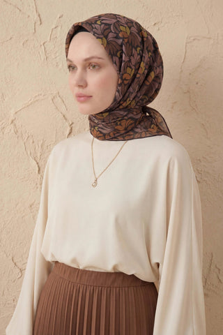 Soft Eşarp Floral Line Soluk Siyah 90x90 - Soft Eşarp - | Silk Home