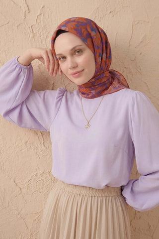 Soft Eşarp Floral Line Turuncu 90x90 - Soft Eşarp - | Silk Home