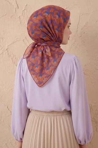 Soft Eşarp Floral Line Turuncu 90x90 - Soft Eşarp - | Silk Home