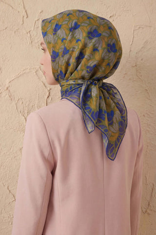 Soft Eşarp Floral Line Yeşil 90x90 - Soft Eşarp - | Silk Home