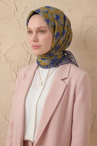 Soft Eşarp Floral Line Yeşil 90x90 - Soft Eşarp - | Silk Home
