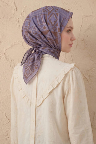 Soft Eşarp Geometrik Desen Eflatun 90x90 - Soft Eşarp - | Silk Home