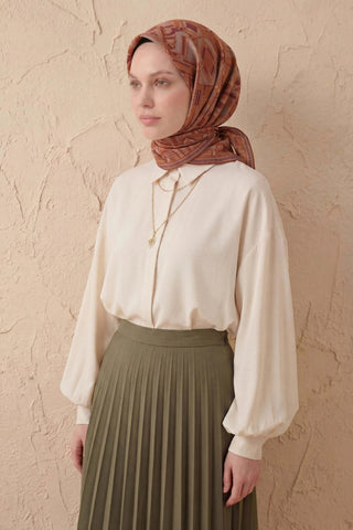 Soft Eşarp Geometrik Desen Fındık Kabuğu 90x90 - Soft Eşarp - | Silk Home