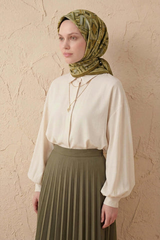 Soft Eşarp Geometrik Desen Fıstık Yeşili 90x90 - Soft Eşarp - | Silk Home