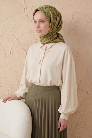 Soft Eşarp Geometrik Desen Fıstık Yeşili 90x90 - Soft Eşarp - | Silk Home