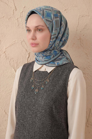 Soft Eşarp Geometrik Desen Gümüş 90x90 - Soft Eşarp - | Silk Home