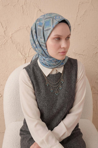 Soft Eşarp Geometrik Desen Gümüş 90x90 - Soft Eşarp - | Silk Home