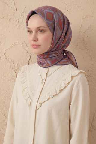 Soft Eşarp Geometrik Desen Lila 90x90 - Soft Eşarp - | Silk Home