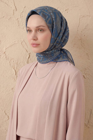 Soft Eşarp Geometrik Desen Mavi 90x90 - Soft Eşarp - | Silk Home