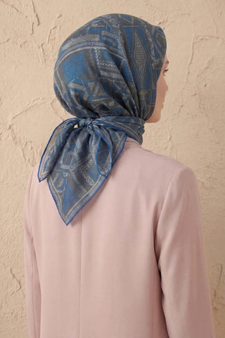 Soft Eşarp Geometrik Desen Mavi 90x90 - Soft Eşarp - | Silk Home