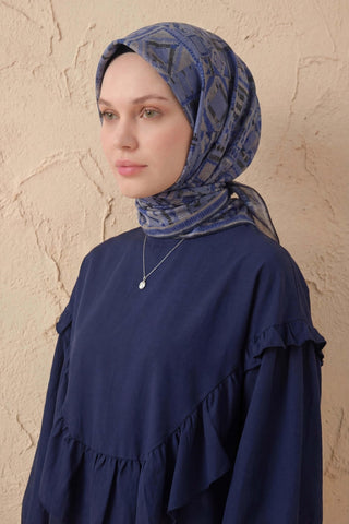 Soft Eşarp Geometrik Desen Mavi Lila 90x90 - Soft Eşarp - | Silk Home