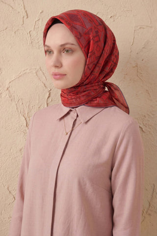 Soft Eşarp Geometrik Desen Parlak Kırmızı 90x90 - Soft Eşarp - | Silk Home