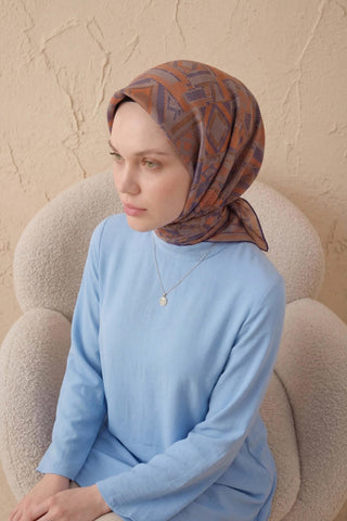 Soft Eşarp Geometrik Desen Pudra Vizon 90x90 - Soft Eşarp - | Silk Home