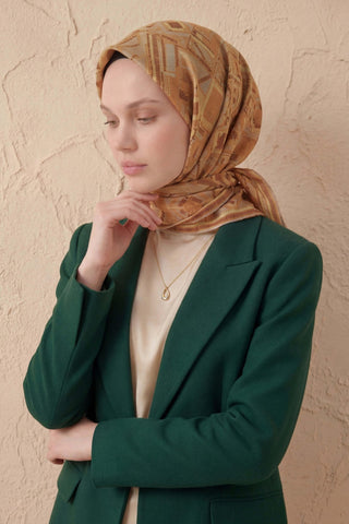 Soft Eşarp Geometrik Desen Soluk Turuncu 90x90 - Soft Eşarp - | Silk Home