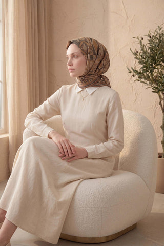 Soft Eşarp Geometrik Desen Vizon 90x90 - Soft Eşarp - | Silk Home