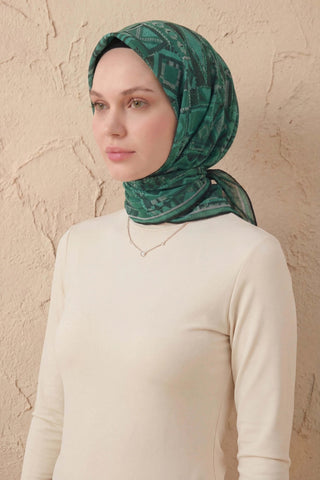 Soft Eşarp Geometrik Desen Zümrüt Yeşili 90x90 - Soft Eşarp - | Silk Home