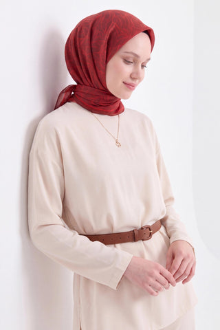 Soft Eşarp Leaf Pattern Kiremit Bordo - Soft Eşarp - | Silk Home