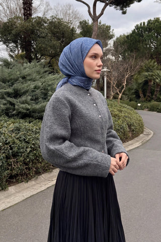Soft Eşarp Leaf Pattern Mavi - Soft Eşarp - | Silk Home