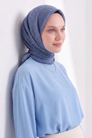 Soft Eşarp Leaf Pattern Mavi - Soft Eşarp - | Silk Home