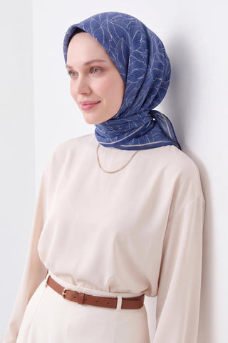 Soft Eşarp Leaf Pattern Saks Mavisi - Soft Eşarp - | Silk Home