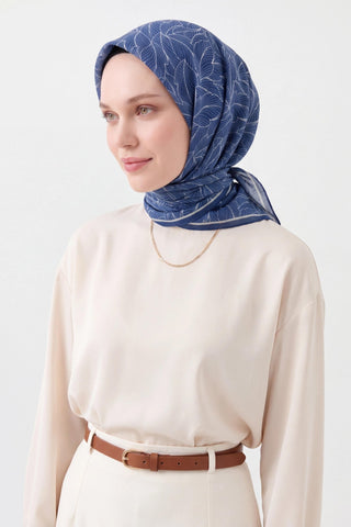 Soft Eşarp Leaf Pattern Saks Mavisi - Soft Eşarp - | Silk Home