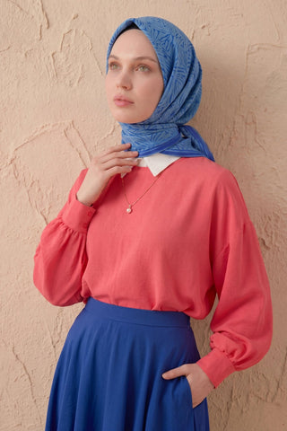 Soft Eşarp Lina Flora Gök Mavi 90x90 - Soft Eşarp - | Silk Home