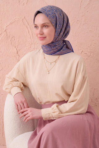 Soft Eşarp Lina Flora Lacivert 90x90 - Soft Eşarp - | Silk Home