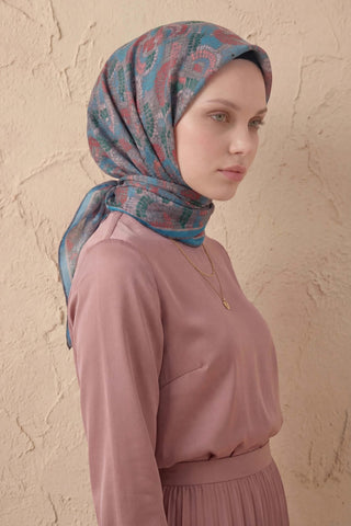 Soft Eşarp Melodi Desen Gök Mavi 90x90 - Soft Eşarp - | Silk Home