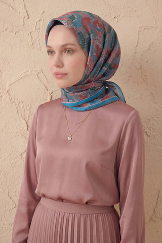 Soft Eşarp Melodi Desen Gök Mavi 90x90 - Soft Eşarp - | Silk Home