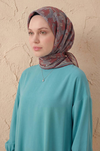 Soft Eşarp Melodi Desen Kırmızı Gri 90x90 - Soft Eşarp - | Silk Home