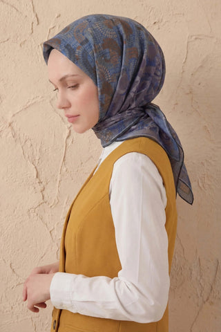 Soft Eşarp Melodi Desen Mavi 90x90 - Soft Eşarp - | Silk Home
