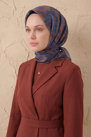 Soft Eşarp Melodi Desen Mavi 90x90 - Soft Eşarp - | Silk Home