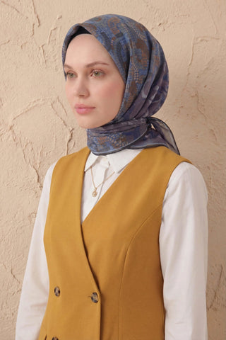Soft Eşarp Melodi Desen Mavi 90x90 - Soft Eşarp - | Silk Home