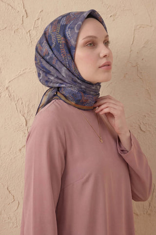 Soft Eşarp Melodi Desen Saks Mavi 90x90 - Soft Eşarp - | Silk Home