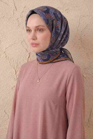 Soft Eşarp Melodi Desen Saks Mavi 90x90 - Soft Eşarp - | Silk Home