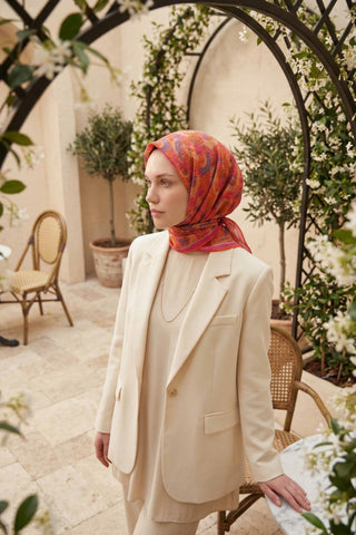 Soft Eşarp Melodi Desen Turuncu Pembe 90x90