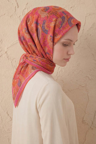Soft Eşarp Melodi Desen Turuncu Pembe 90x90 - Soft Eşarp - | Silk Home
