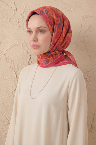 Soft Eşarp Melodi Desen Turuncu Pembe 90x90 - Soft Eşarp - | Silk Home