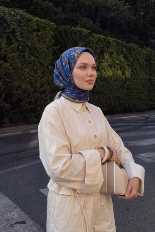 Soft Eşarp Mini Floral Saks Mavisi